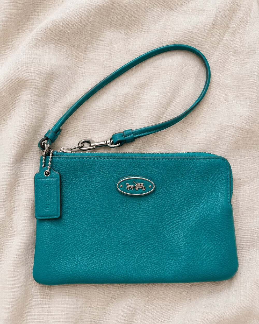 Coach Pebbled Leather Wristlet in Jade Green